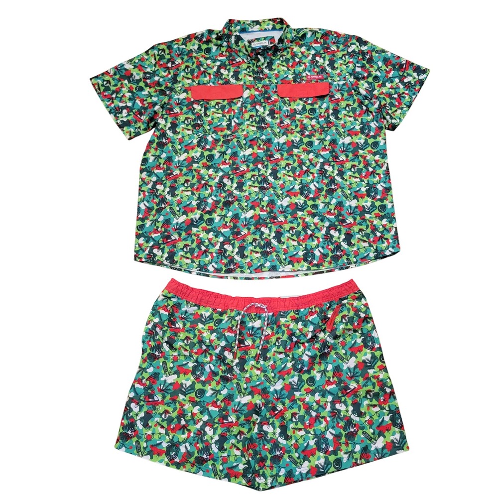 Magellan 3XL/2XL Shirt Shorts Set Green Red Holiday Camo Fish Gear Summer Beach